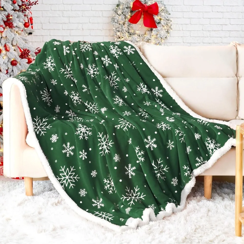 Festive Green Snowflake Throw Blanket